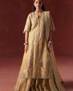 Pakistani Bridal Silk Shirt Lehnga  Yellow Embroidered Set
