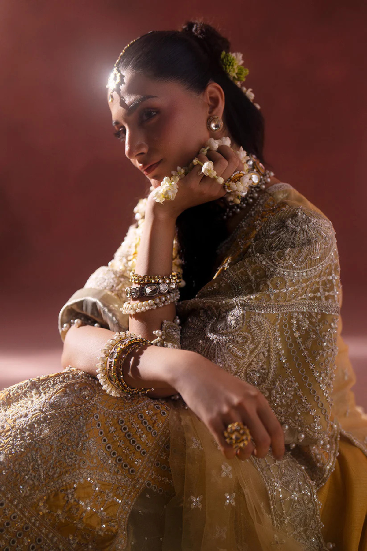 Pakistani Bridal Silk Shirt Lehnga Yellow Embroidered Set - Image 4