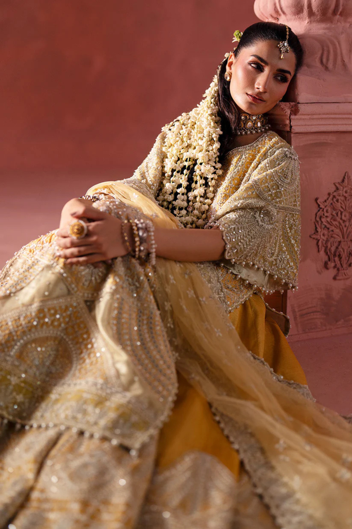 Pakistani Bridal Silk Shirt Lehnga Yellow Embroidered Set - Image 5