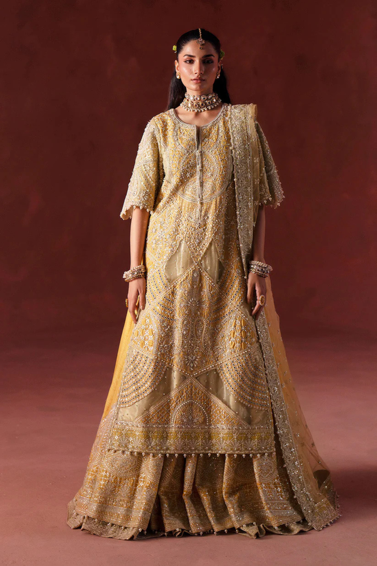Pakistani Bridal Silk Shirt Lehnga Yellow Embroidered Set