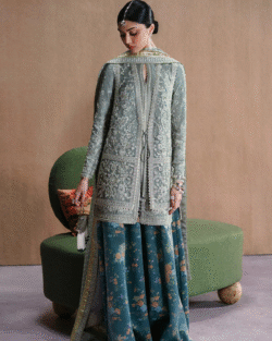 Pakistani Embroidered Organza Jacket Oyster Bay Green
