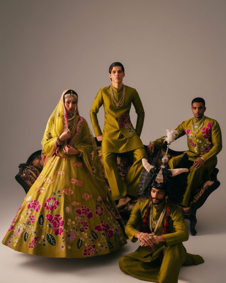 Pakistani Wedding Gowns in Olive Green with Hand Embellished Pishwas & Dupatta