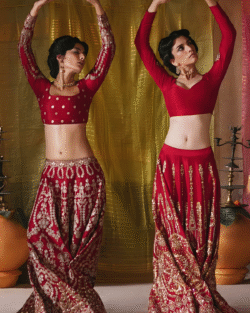 Red and Bottle Green Pakistani Bridal Lehenga