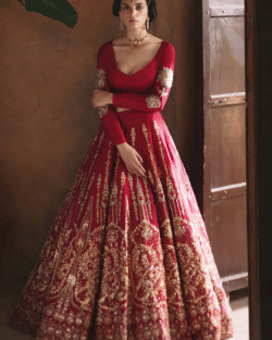 Red and Bottle Green Pakistani Bridal Lehenga