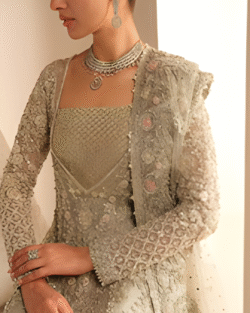 Silver Grey Pakistani Bridal Lehnga Gown Set