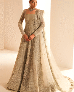 Silver Grey Pakistani Bridal Lehnga Gown Set